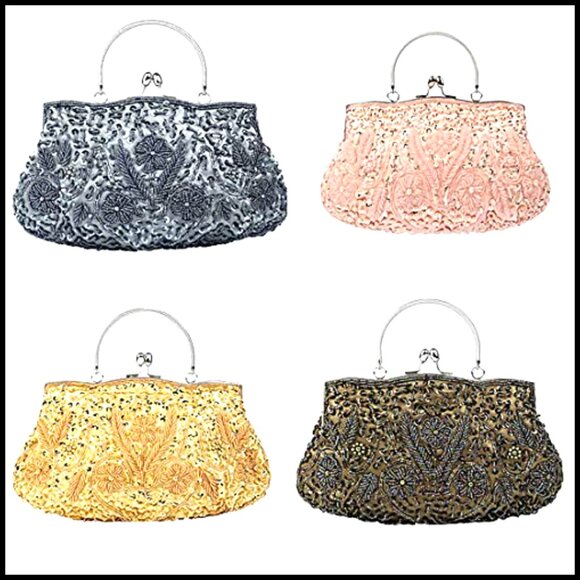 Beaded Sequin Floral Evening Clutch Bag Elegant Detachable Wristlet Large
